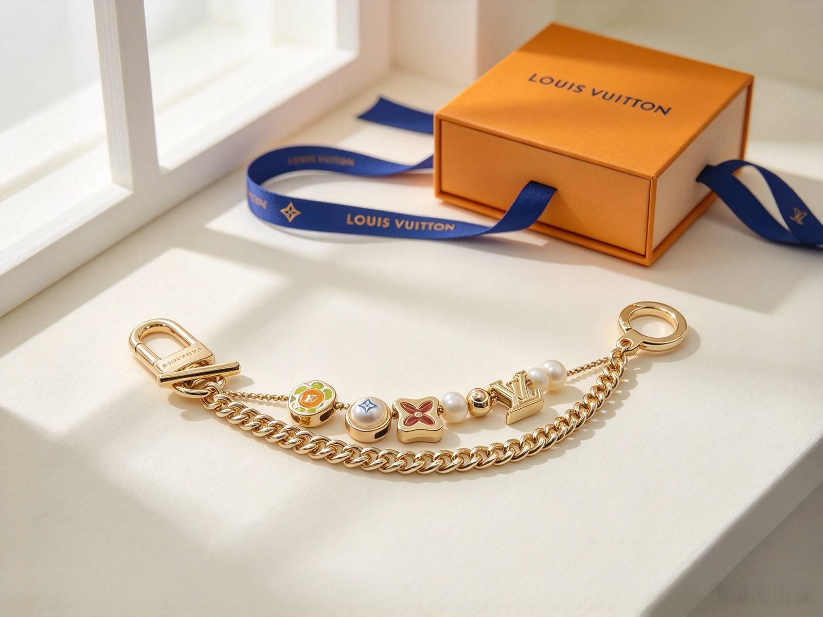LOUIS VUITTON ルイヴィトン レディース ブレスレット チャーム ペアチェーン アルファベット パール ゴールド メタル アクセサリー - 画像 6