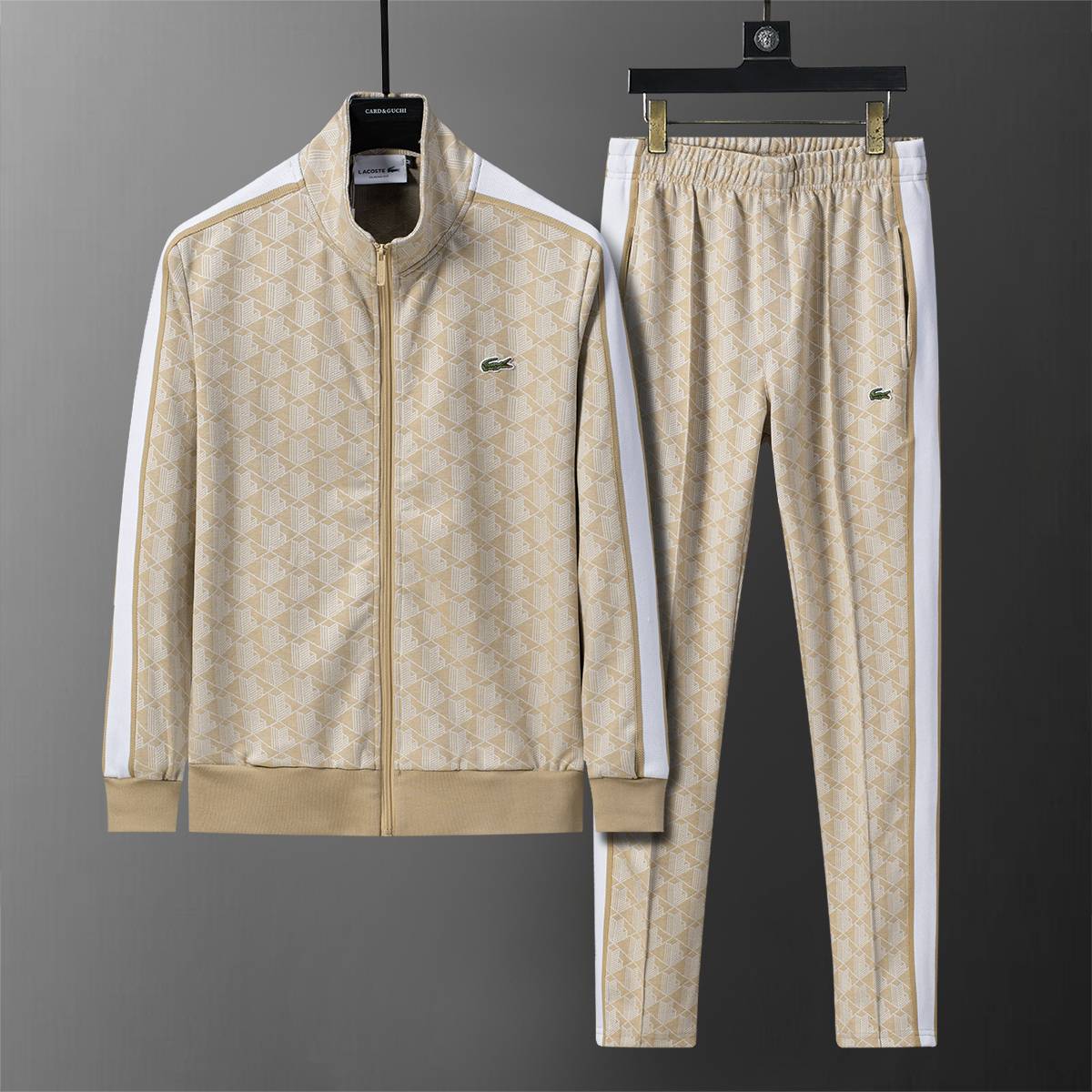 LACOSTE ラコステ セットアップ メンズ ジップアップパーカー ロゴワッペン サイドライン スウェットセットアップ 秋冬 ベージュ