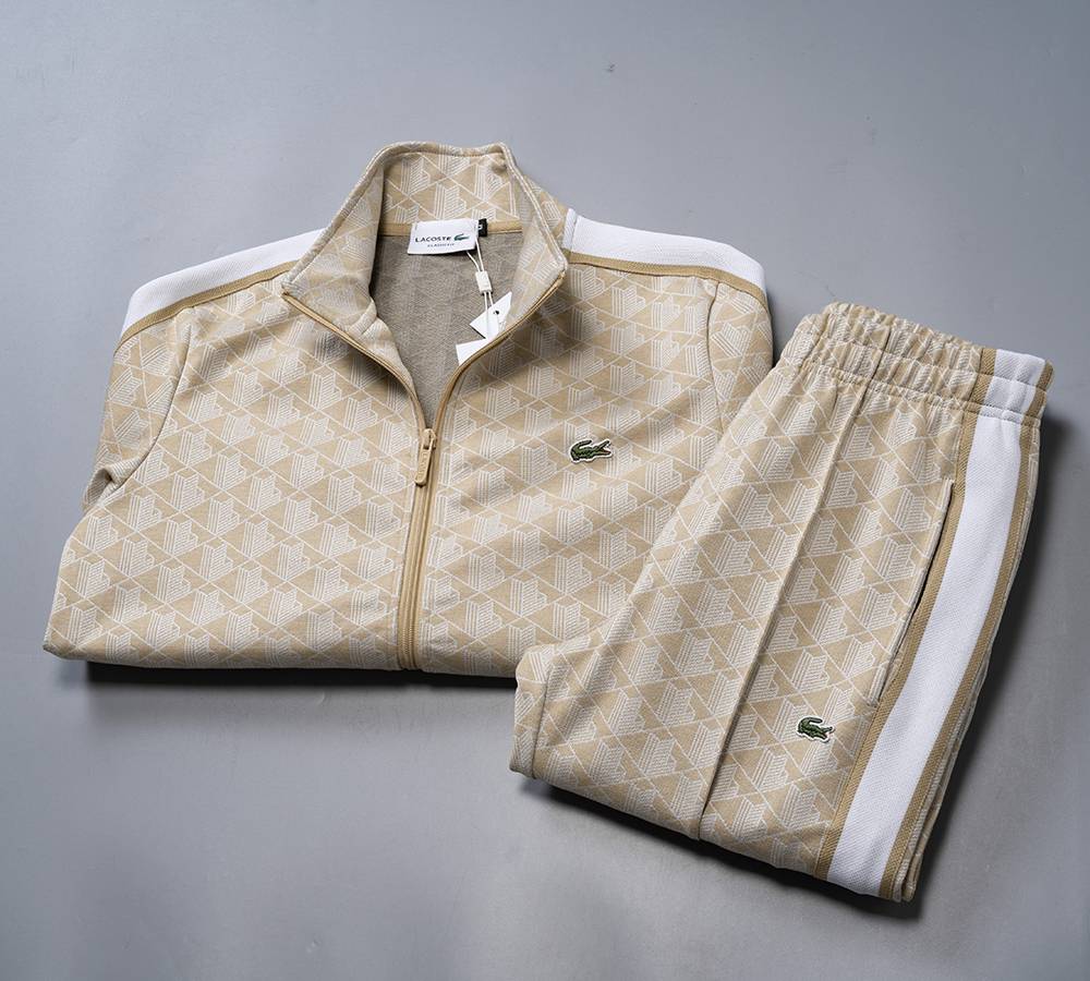 LACOSTE ラコステ セットアップ メンズ ジップアップパーカー ロゴワッペン サイドライン スウェットセットアップ 秋冬 ベージュ - 画像 18