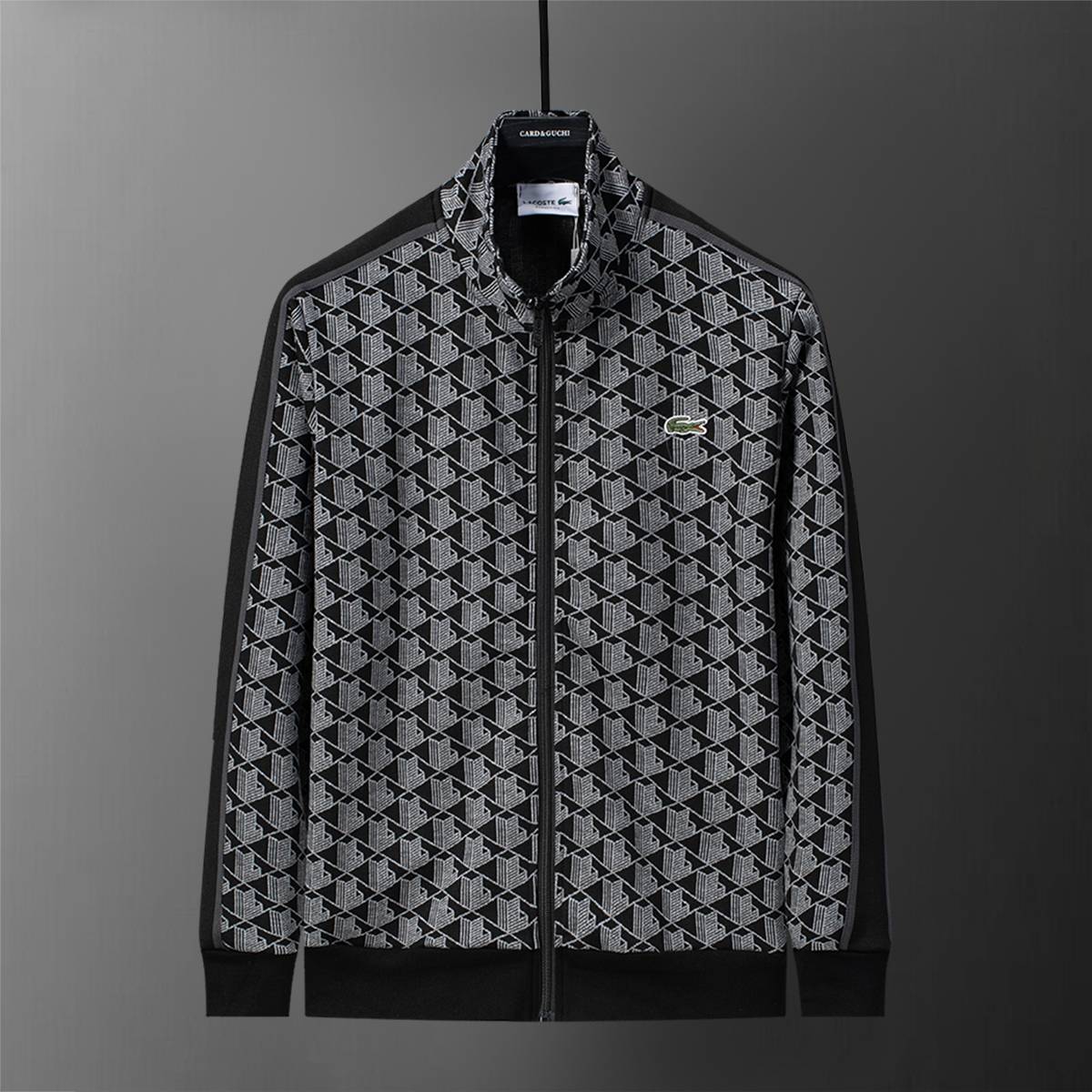 LACOSTE ラコステ セットアップ メンズ ジップパーカー グレカ柄 ロゴワッペン スポーツウェア 秋冬 ブラック - 画像 8