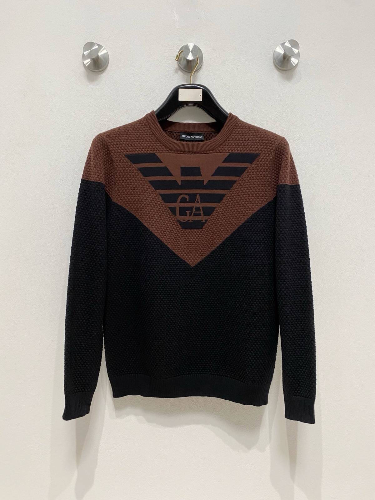 EMPORIO ARMANI メンズ セーター クルーネック ワッフル編み バイカラー ニットプルオーバー ブラック M 3XLA178155