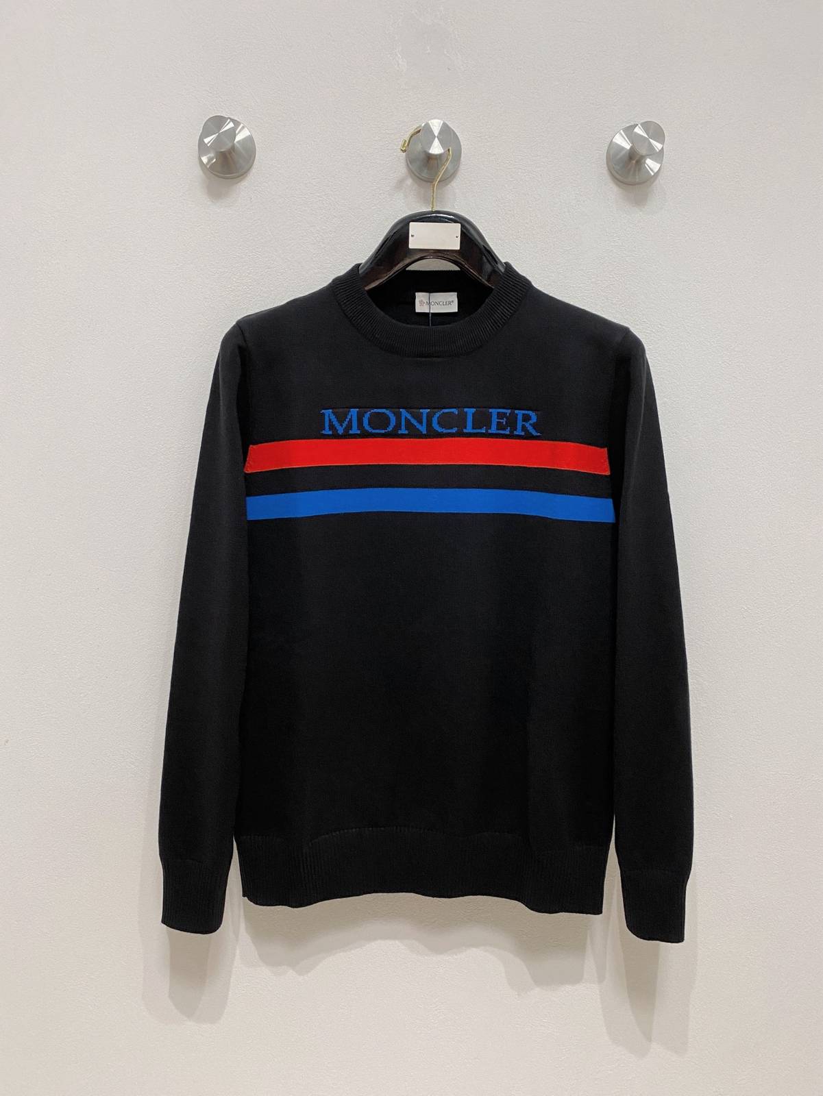 MONCLER モンクレール メンズ ニット クルーネック ロゴ刺繍 ワッフル編み リブニット 秋冬 オーバーサイズ ブラック