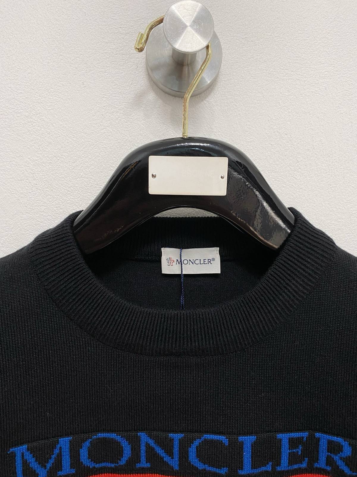 MONCLER モンクレール メンズ ニット クルーネック ロゴ刺繍 ワッフル編み リブニット 秋冬 オーバーサイズ ブラック - 画像 8