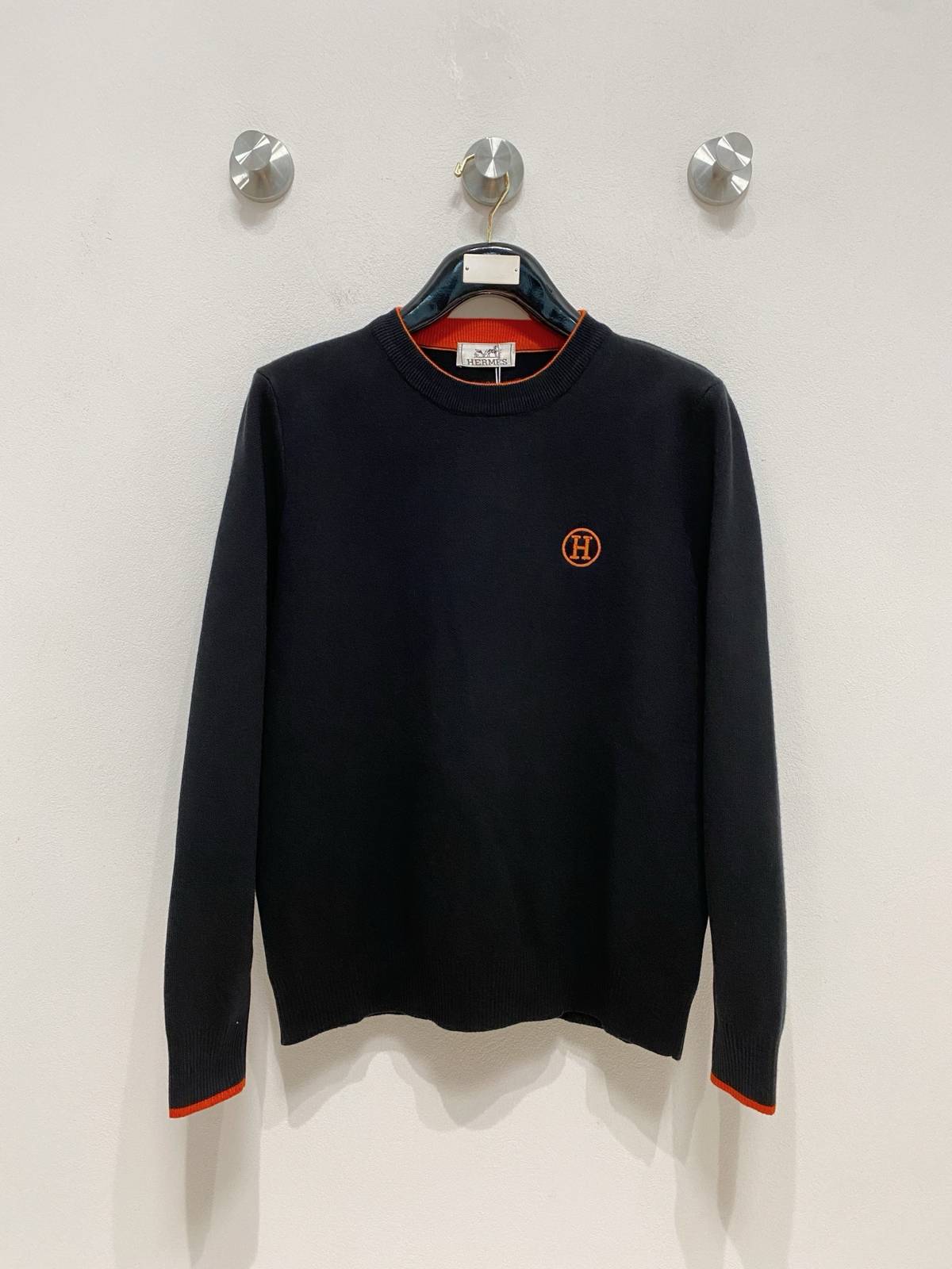 HERMES エルメス メンズ ニット クルーネック ローゲージ 総柄 ブラック M 3XLA178155 - 画像 9
