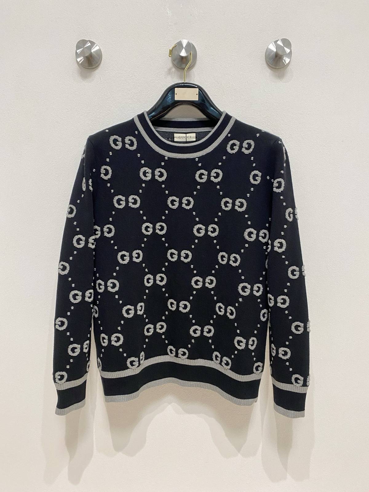 GUCCI グッチ メンズ ニット クルーネック インターシャ ローゲージ オーバーサイズ 秋冬 ブラック
