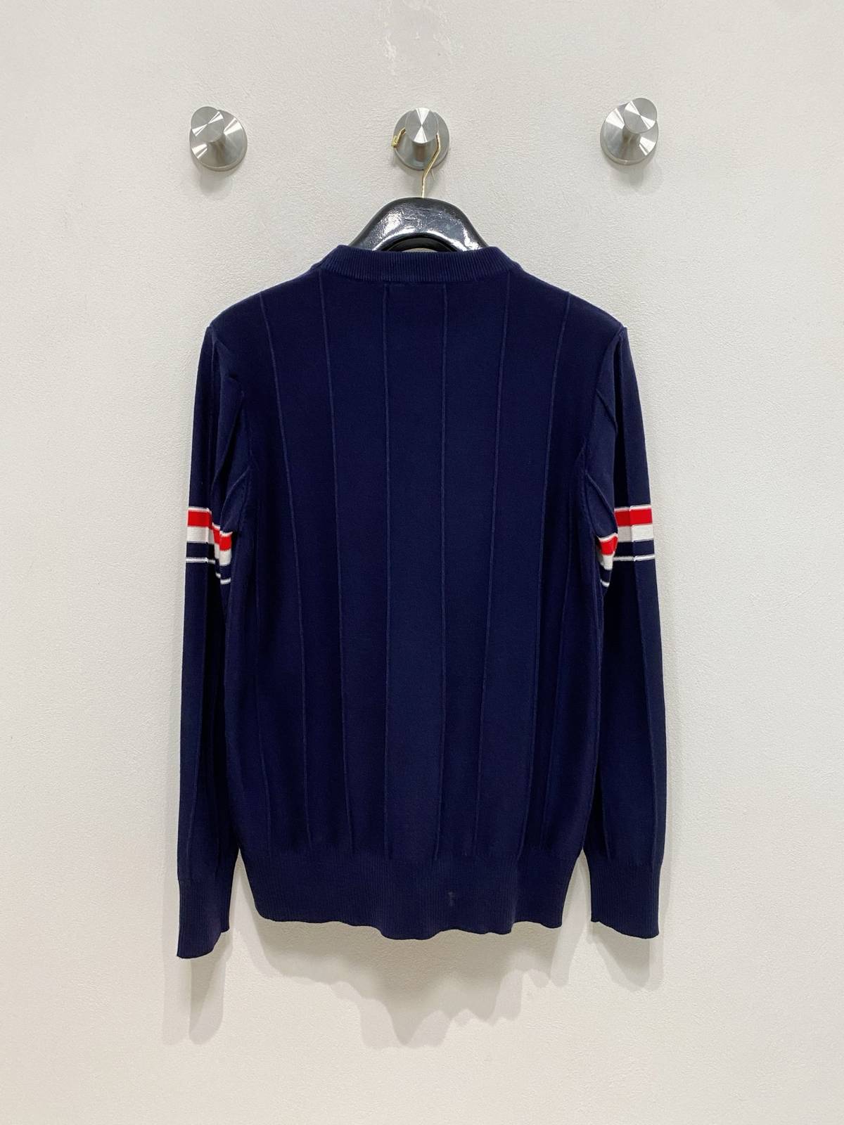 THOM BROWNE メンズ ニット クルーネック リブニット 綿混 ワッフル編み ビジカジ オフホワイト ブラック