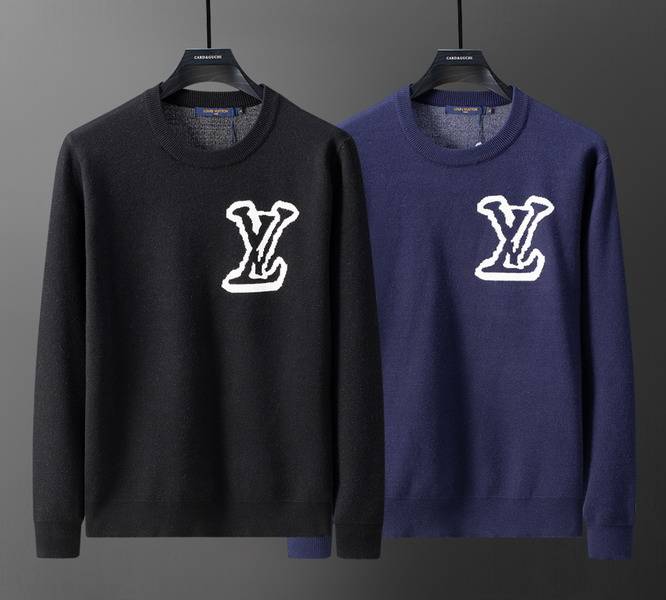 Louis Vuitton メンズ ニット クルーネック ロゴ刺繍 精密編み 上品 秋冬 ブラック ネイビー - 画像 3