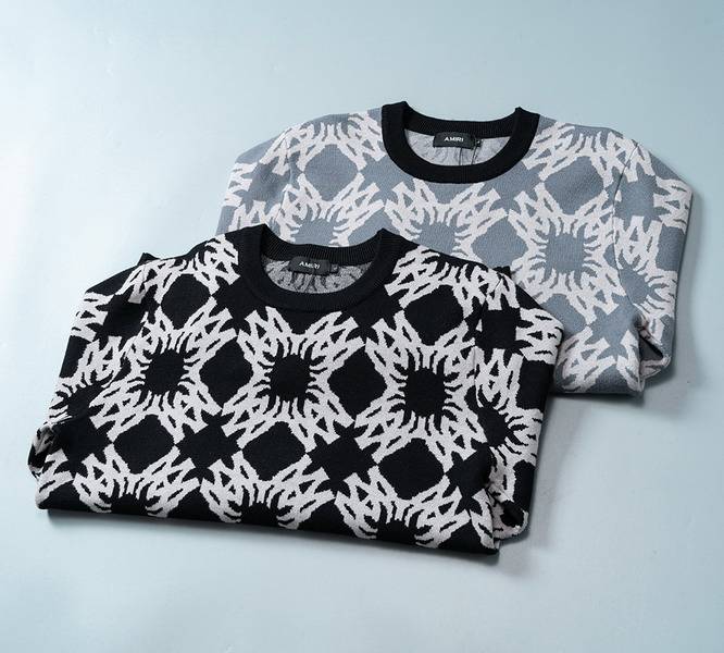 AMIRI メンズ ニット クルーネック インターシャ ローゲージ オーバーサイズ 秋冬 グレー ブラック - 画像 13