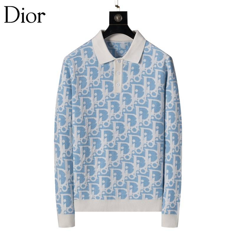 Dior ディオール メンズ ニット セーター ポロネック インターシャ 総柄 オーバーサイズ ブルー M 3XL