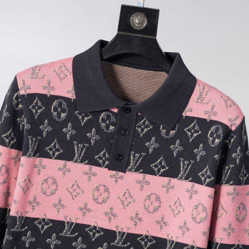 LV メンズ ニット セーター ポロネック ロゴ刺繍 バイカラー 秋冬 オーバーサイズ ブラック ピンク グリーン - 画像 5