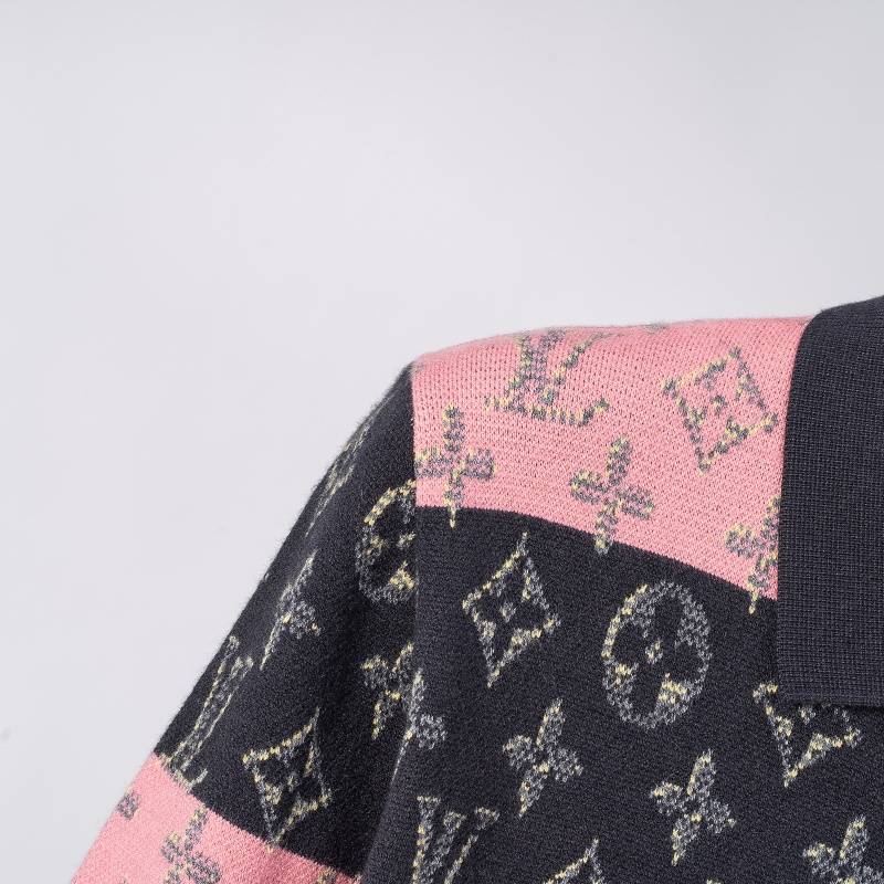 LV メンズ ニット セーター ポロネック ロゴ刺繍 バイカラー 秋冬 オーバーサイズ ブラック ピンク グリーン - 画像 12
