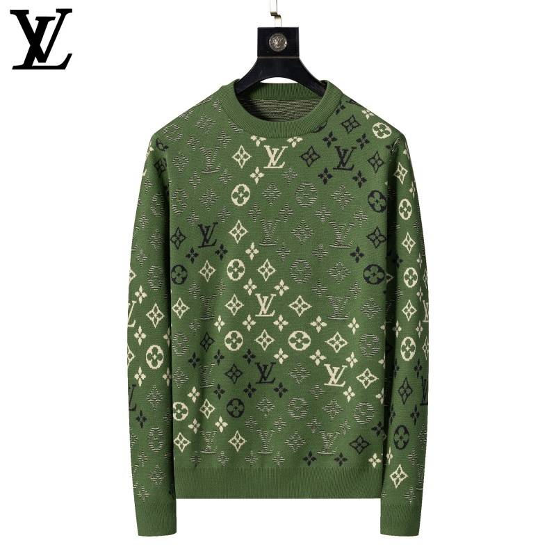 LV メンズ ニット クルーネック ケーブルニット ロゴ刺繍 上品 秋冬 ブラック ベージュ カーキ