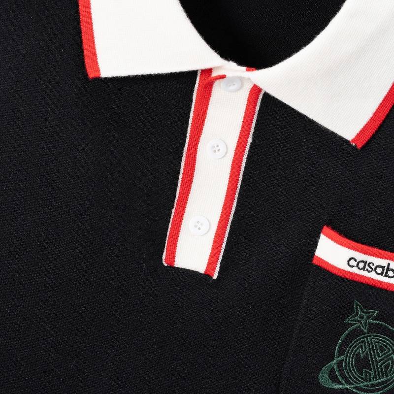 CASABLANCA メンズ ニット クルーネック ポロネック ロゴ刺繍 ローゲージ オーバーサイズ ブラック - 画像 4
