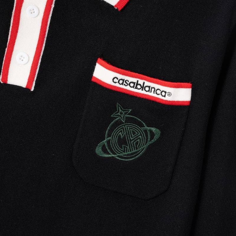 CASABLANCA メンズ ニット クルーネック ポロネック ロゴ刺繍 ローゲージ オーバーサイズ ブラック - 画像 5