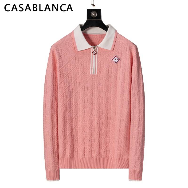 CASABLANCA メンズ ニット クルーネック ハーフジップ ロゴ刺繍 ワッフル編み オーバーサイズ 秋冬 ピンク
