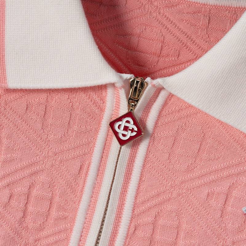 CASABLANCA メンズ ニット クルーネック ハーフジップ ロゴ刺繍 ワッフル編み オーバーサイズ 秋冬 ピンク - 画像 5