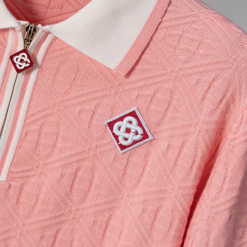 CASABLANCA メンズ ニット クルーネック ハーフジップ ロゴ刺繍 ワッフル編み オーバーサイズ 秋冬 ピンク - 画像 6