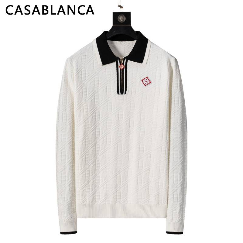 CASABLANCA メンズ ニット クルーネック ハーフジップ ロゴ刺繍 ワッフル編み オーバーサイズ 秋冬 ピンク - 画像 9