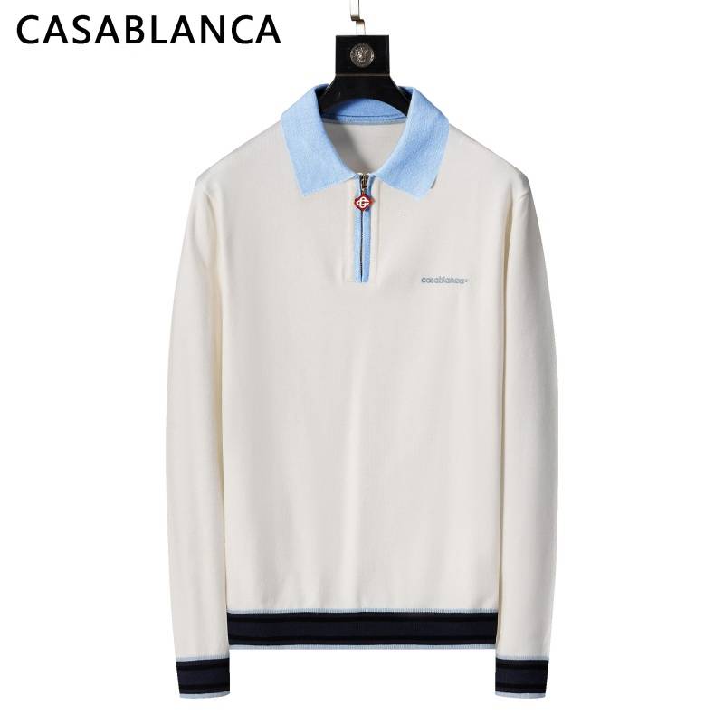CASABLANCA メンズ ニット カラー付きハーフジップ リブニット 総柄 ビジカジ 秋冬 ブラック オフホワイト - 画像 3