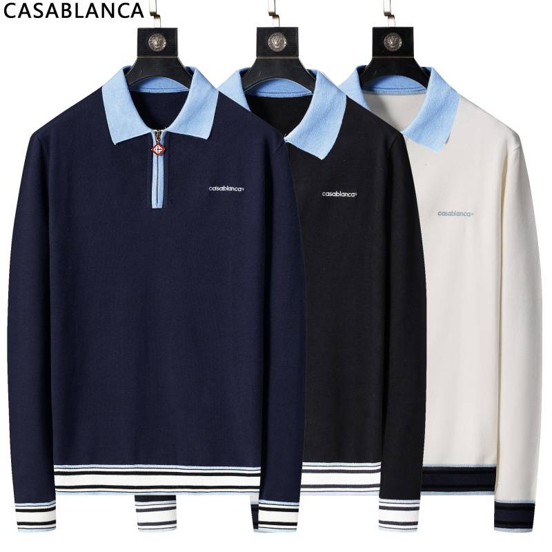 CASABLANCA メンズ ニット カラー付きハーフジップ リブニット 総柄 ビジカジ 秋冬 ブラック オフホワイト - 画像 5