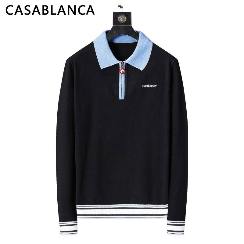 CASABLANCA メンズ ニット カラー付きハーフジップ リブニット 総柄 ビジカジ 秋冬 ブラック オフホワイト - 画像 9