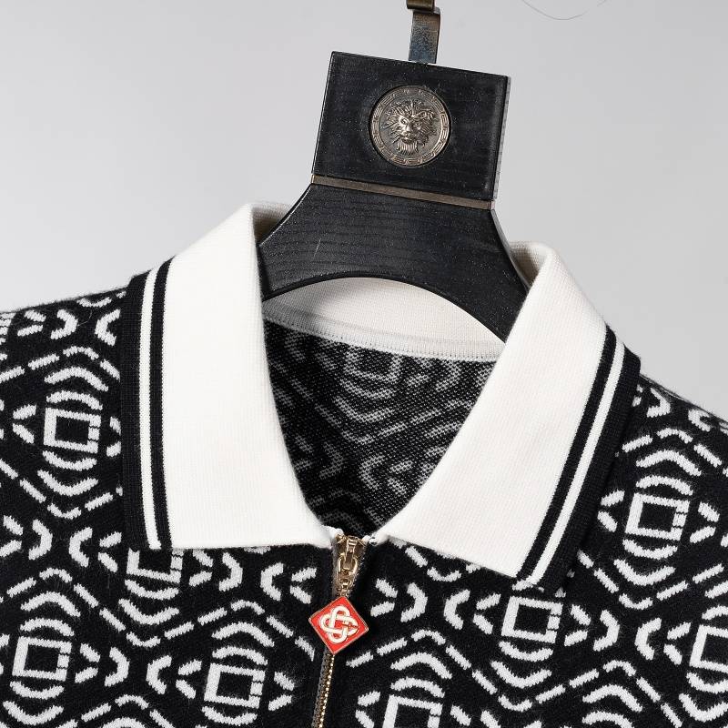 CASABLANCA メンズ ニット セーター ハーフジップ ロゴ刺繍 ワッフル編み オーバーサイズ 秋冬 ブラック - 画像 2