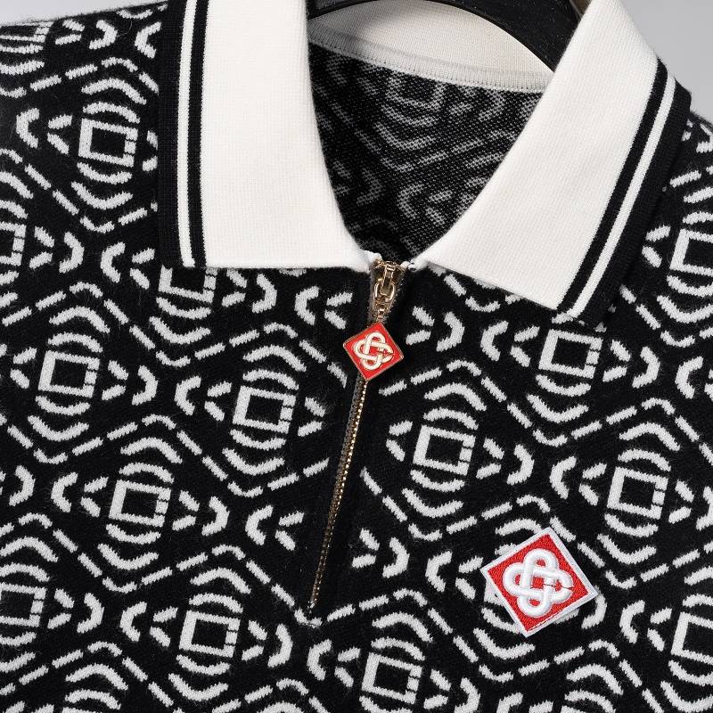 CASABLANCA メンズ ニット セーター ハーフジップ ロゴ刺繍 ワッフル編み オーバーサイズ 秋冬 ブラック - 画像 3