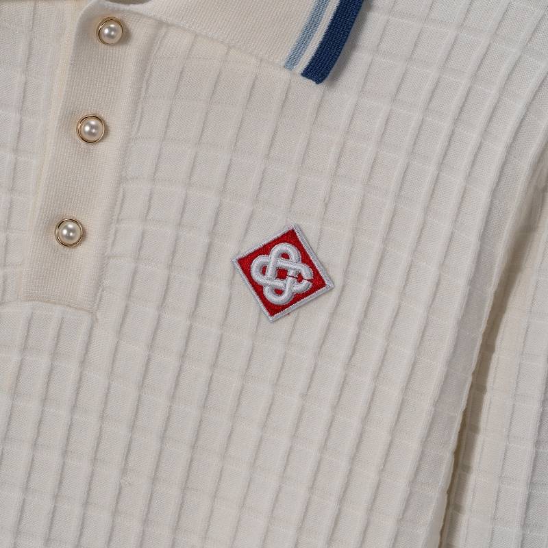 CASABLANCA メンズ セーター ポロネック ワッフル編み ロゴ刺繍 オーバーサイズ ホワイト - 画像 5