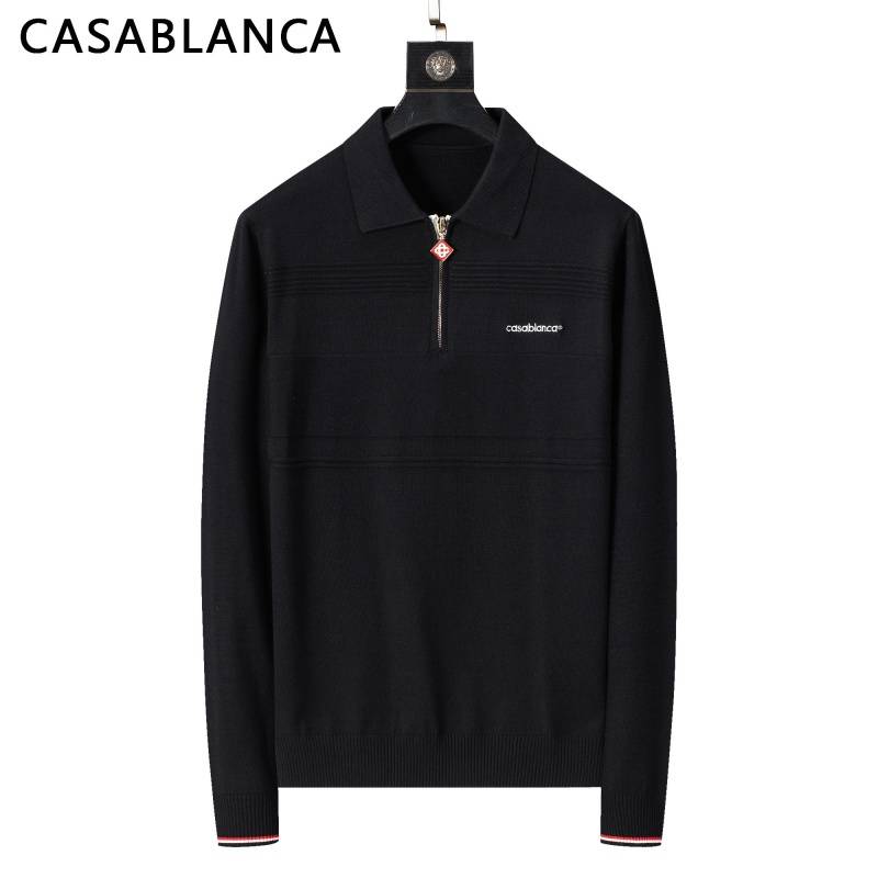CASABLANCA メンズ ニット ポロネック ハーフジップ リブニット 細針編み オーバーサイズ 秋冬 ブラック
