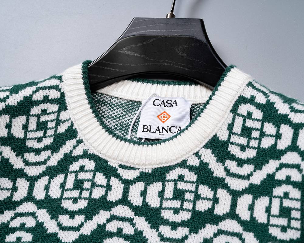 Casablanca メンズ ニット クルーネック ケーブルニット ロゴ刺繍 オーバーサイズ 秋冬 ネイビー - 画像 3