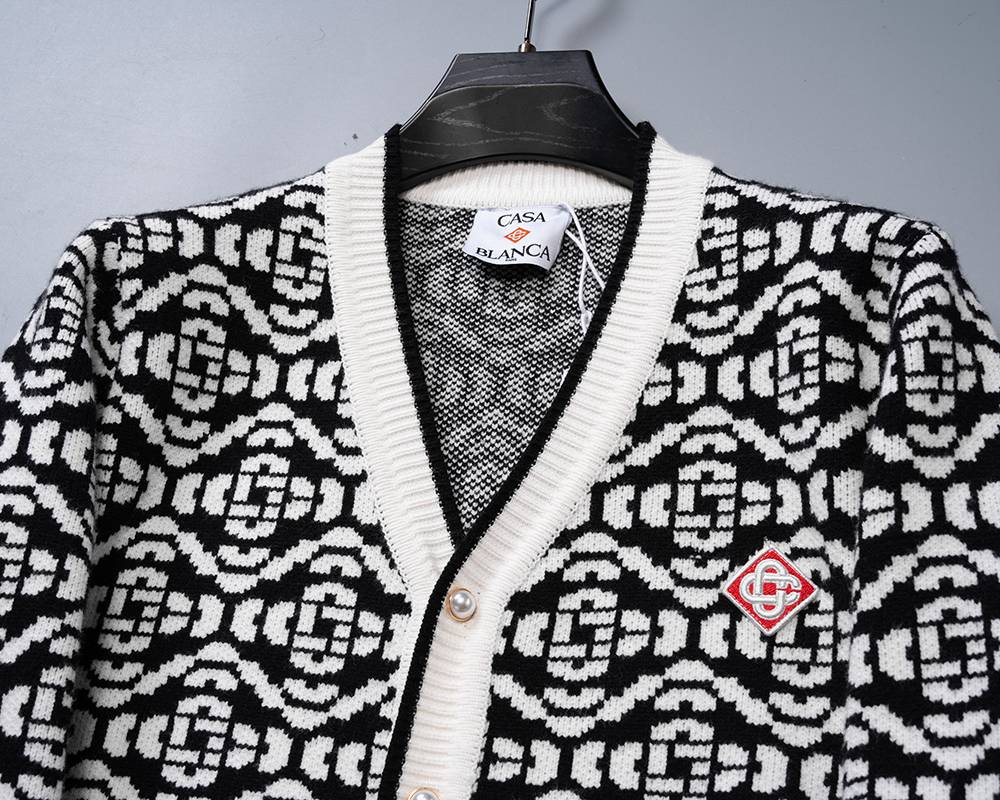 Casablanca メンズ カーディガン ケーブルニット ロゴ刺繍 バイカラー ブラック M 3XL - 画像 11
