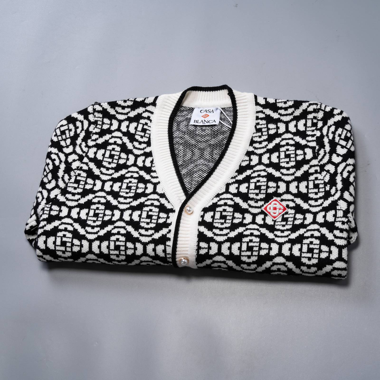 Casablanca メンズ カーディガン ケーブルニット ロゴ刺繍 バイカラー ブラック M 3XL - 画像 15