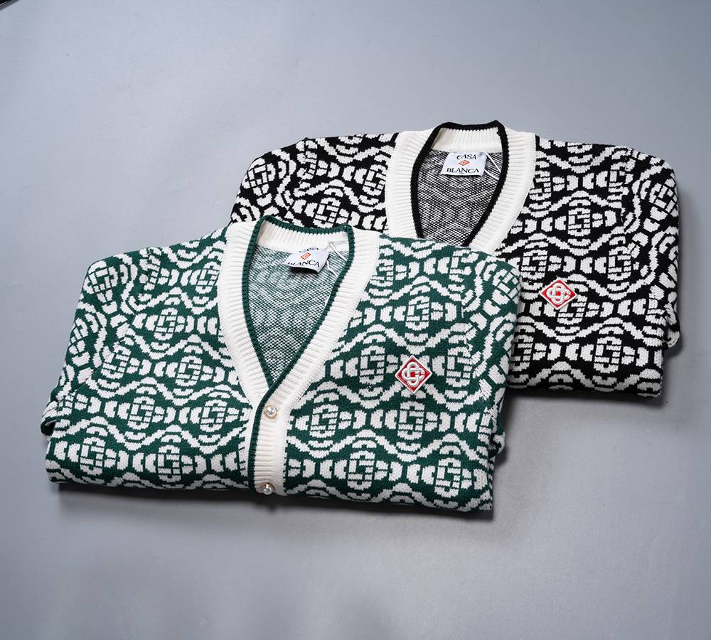 Casablanca メンズ カーディガン ケーブルニット ロゴ刺繍 バイカラー ブラック M 3XL - 画像 16