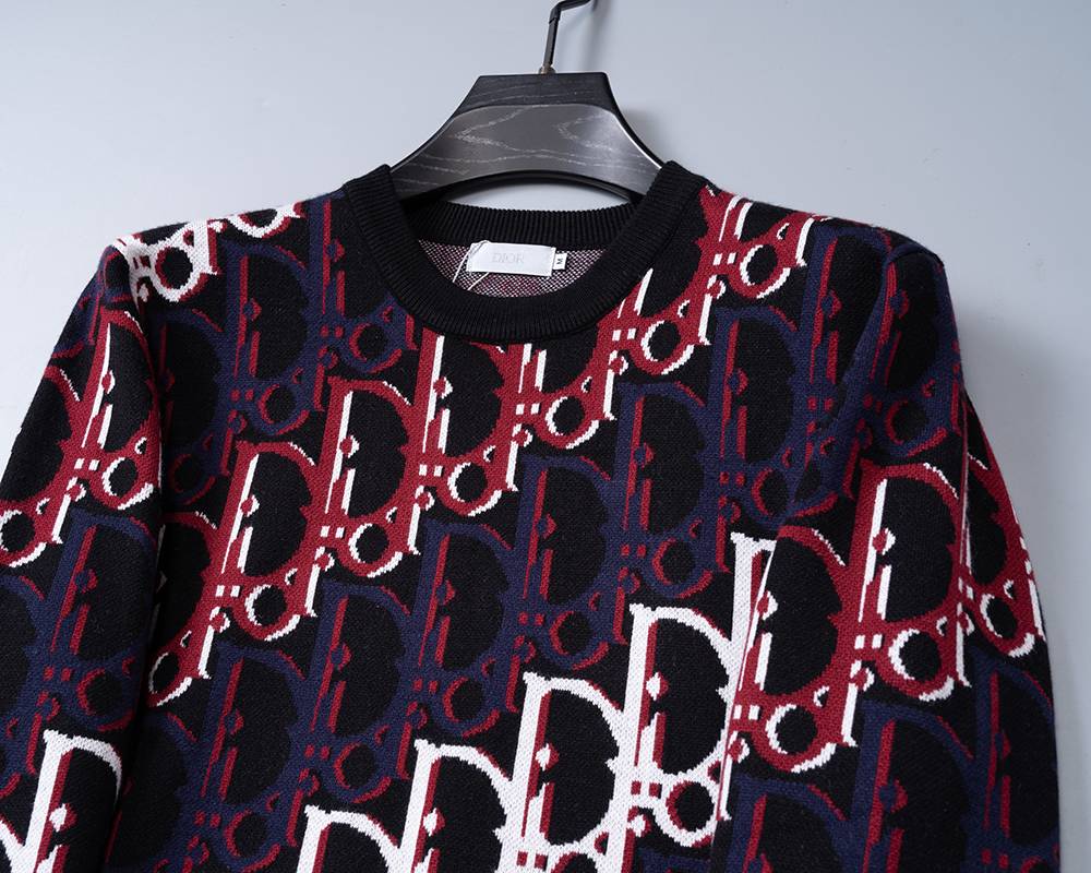 Dior ディオール メンズ ニット クルーネック インターシャ 総柄 ローゲージ 秋冬 ブラック - 画像 2