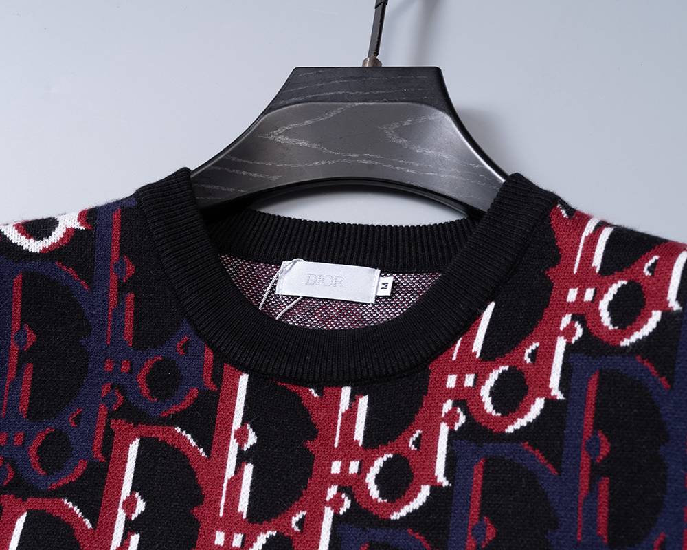Dior ディオール メンズ ニット クルーネック インターシャ 総柄 ローゲージ 秋冬 ブラック - 画像 3