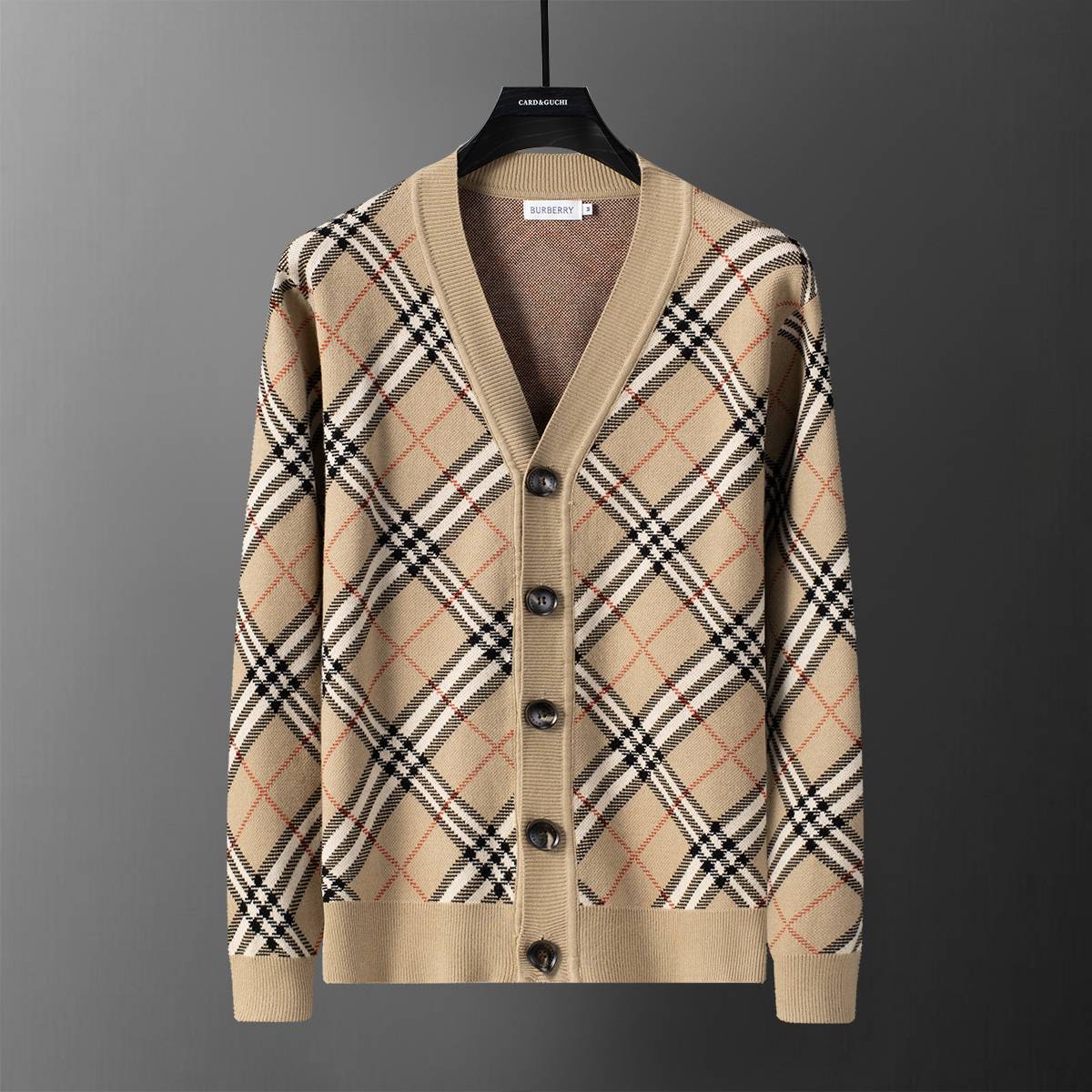 BURBERRY メンズ カーディガン クルーネック ケーブルニット ボーダー プチロゴ オーバーサイズ 秋冬 ベージュ