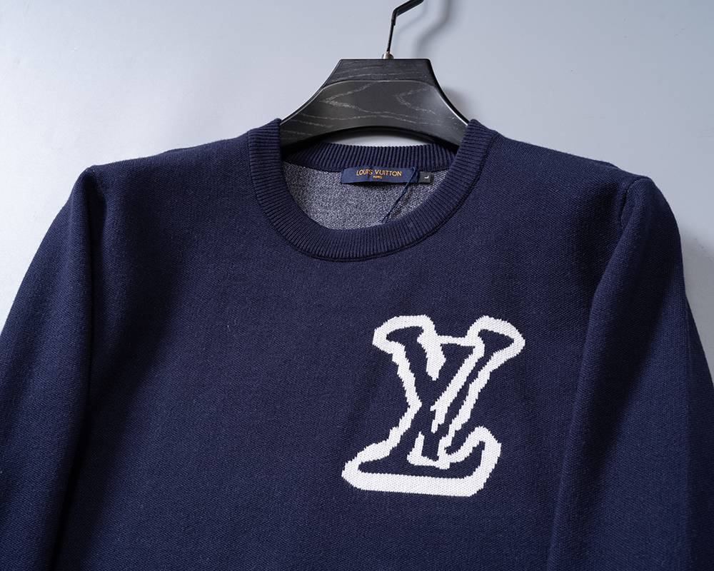 LV ルイヴィトン メンズ ニット クルーネック ロゴ刺繍 ワッフル編み リブニット オーバーサイズ ブラック M 3XL - 画像 2