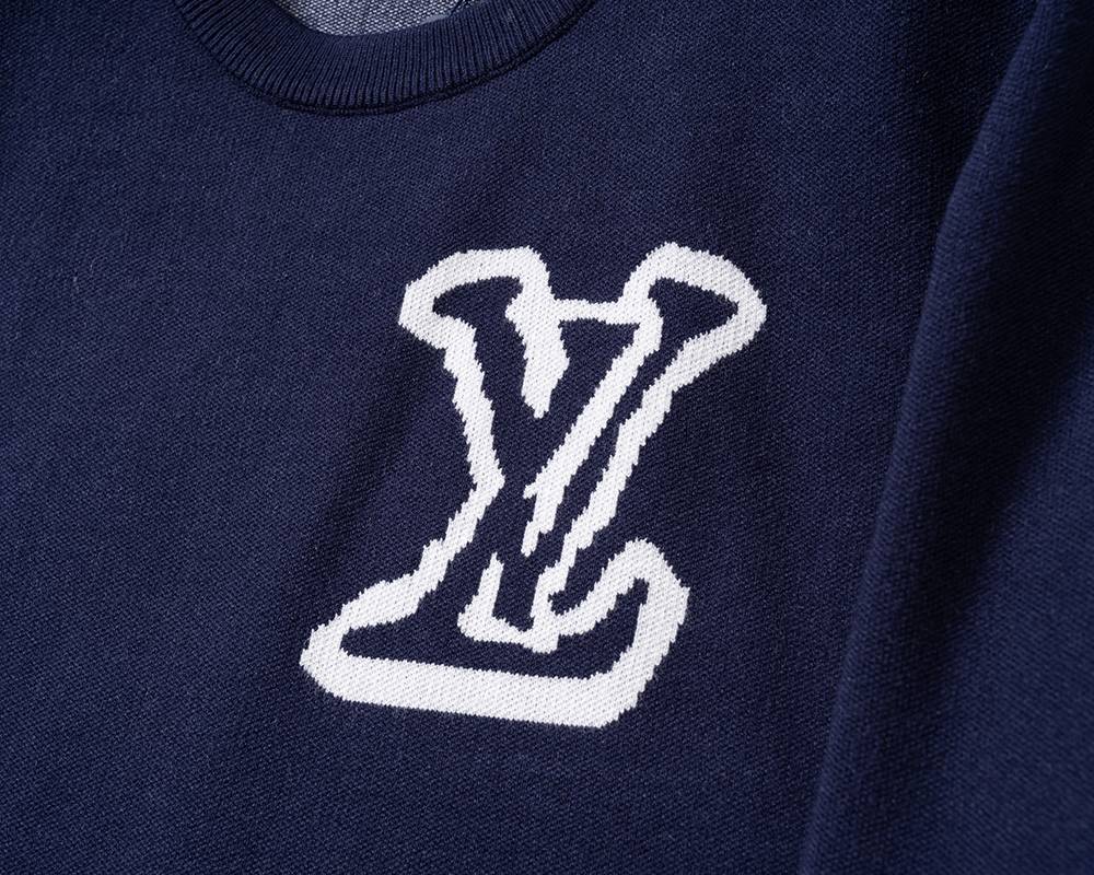 LV ルイヴィトン メンズ ニット クルーネック ロゴ刺繍 ワッフル編み リブニット オーバーサイズ ブラック M 3XL - 画像 3