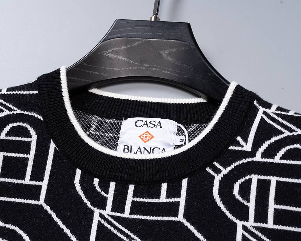 CASABALANCA メンズ ニット クルーネック ケーブル編み ロゴ刺繍 上品 ブラック M 3XL - 画像 13