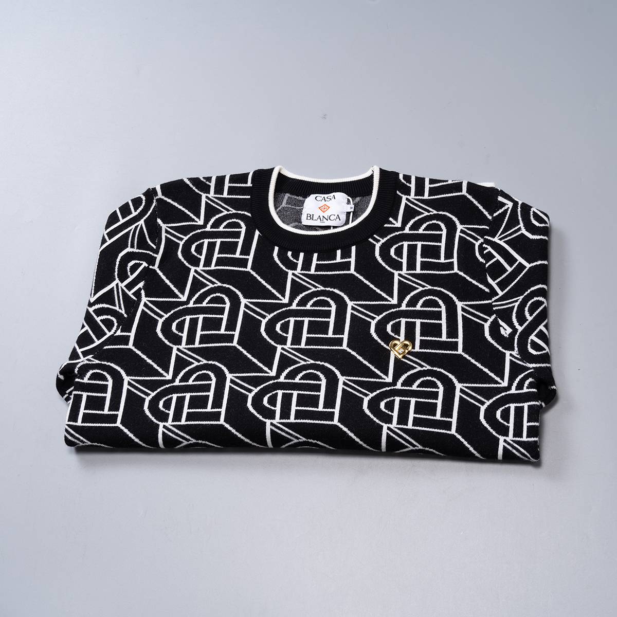 CASABALANCA メンズ ニット クルーネック ケーブル編み ロゴ刺繍 上品 ブラック M 3XL - 画像 16