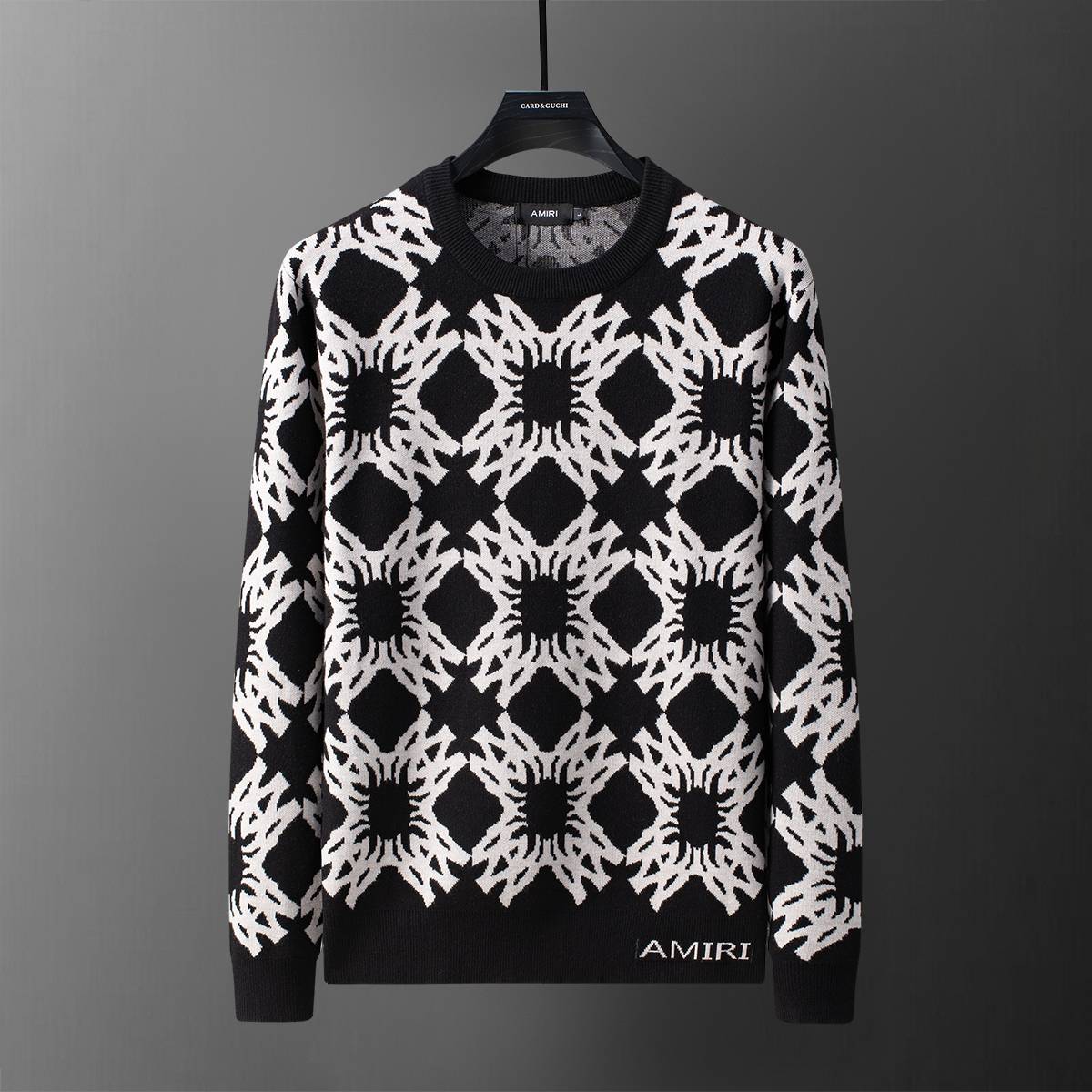 AMIRI メンズ ニット クルーネック インターシャ ボーダー オーバーサイズ ブラック