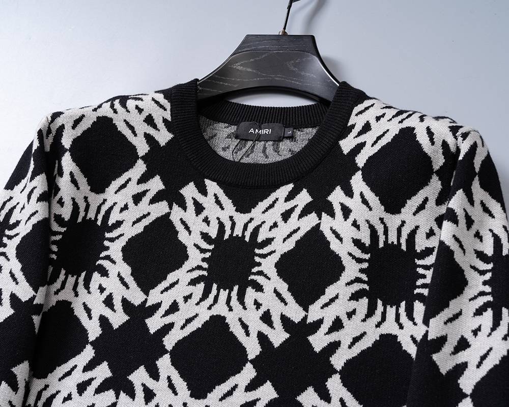 AMIRI メンズ ニット クルーネック インターシャ ボーダー オーバーサイズ ブラック - 画像 12