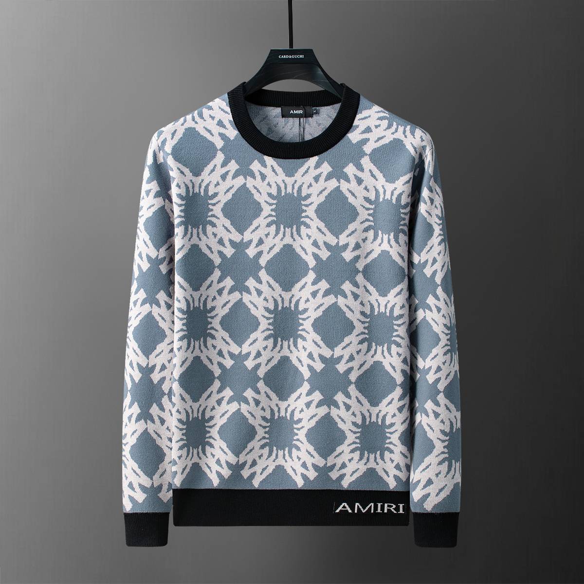 AMIRI メンズ ニット クルーネック インターシャ ローゲージ フィット ブラック グレー M 3XL