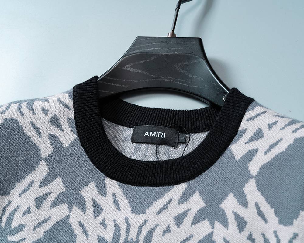 AMIRI メンズ ニット クルーネック インターシャ ローゲージ フィット ブラック グレー M 3XL - 画像 2