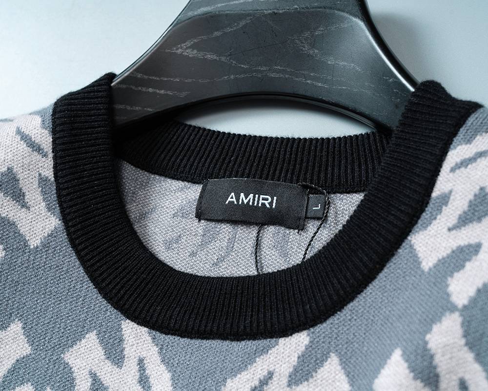 AMIRI メンズ ニット クルーネック インターシャ ローゲージ フィット ブラック グレー M 3XL - 画像 4