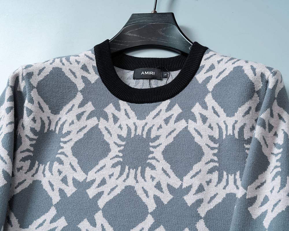 AMIRI メンズ ニット クルーネック インターシャ ローゲージ フィット ブラック グレー M 3XL - 画像 11