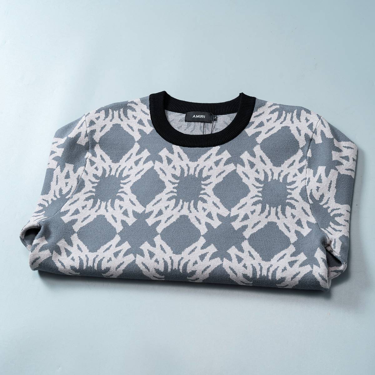AMIRI メンズ ニット クルーネック インターシャ ローゲージ フィット ブラック グレー M 3XL - 画像 13