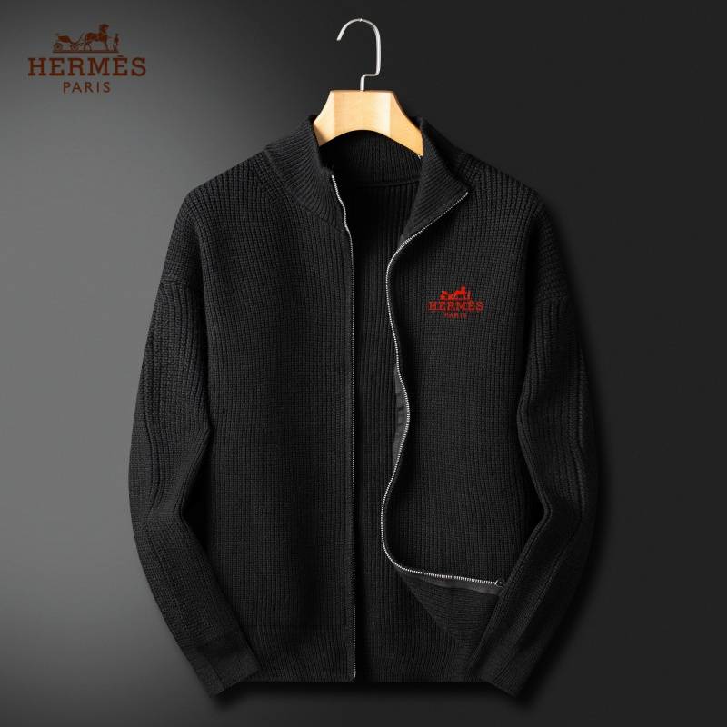 HERMES アウター メンズ ジャケット ウール フリース ロゴワッペン フーデッドジャケット 秋冬 防寒 ブラック グレー