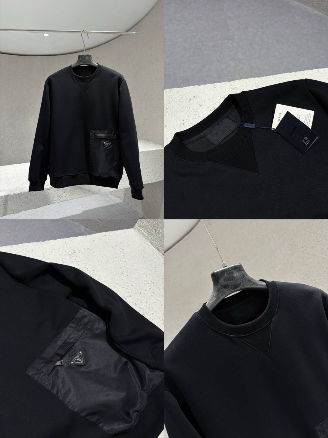 PRADA プラダ メンズ セーター ブルゾン ロゴワッペン オープンポケット ロング丈 ブラック - 画像 2