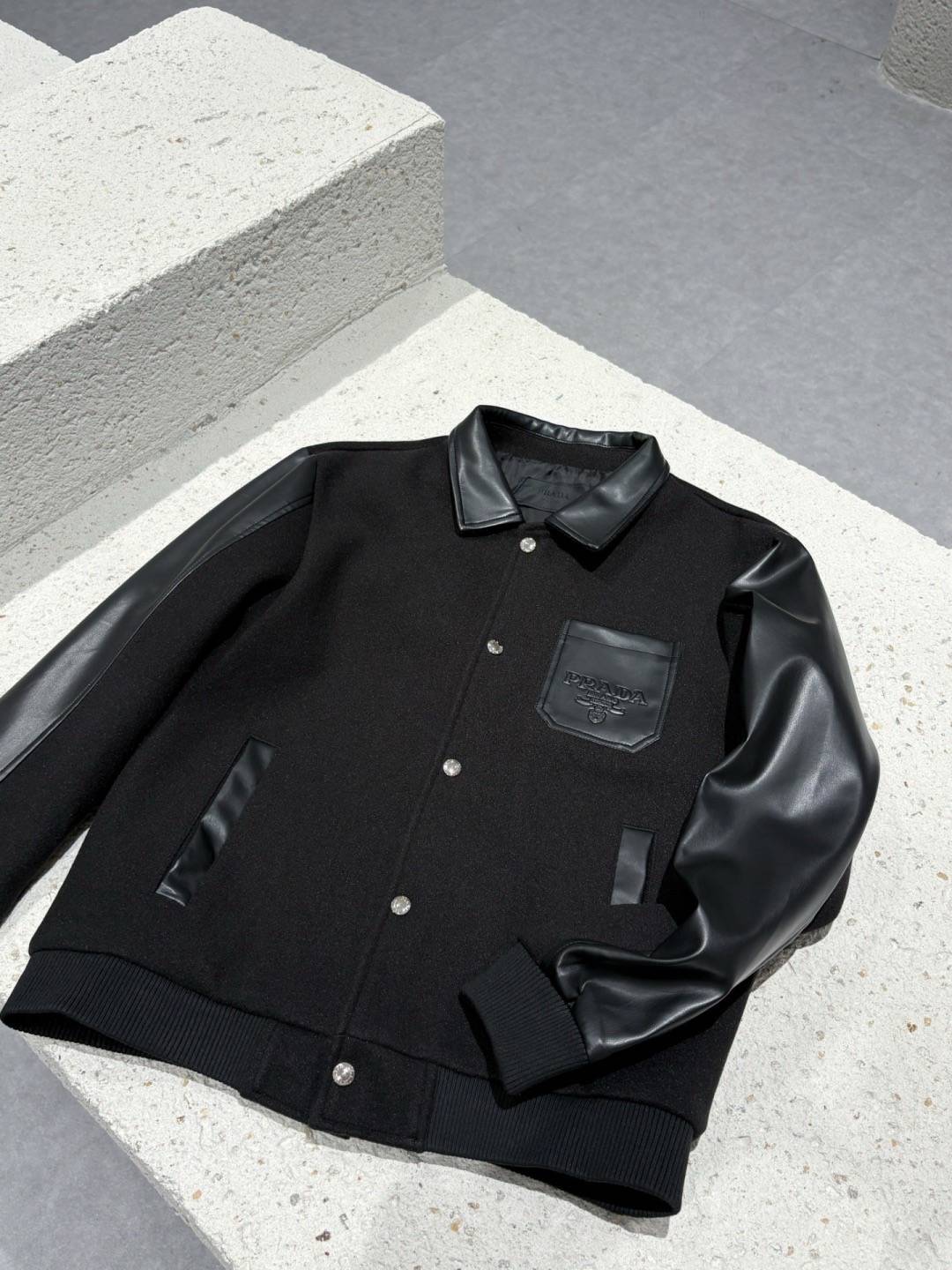 PRADA プラダ メンズ ジャケット ブルゾン ナイロン レザー キルティング ワンポイント刺繍 ボマージャケット ブラック - 画像 8